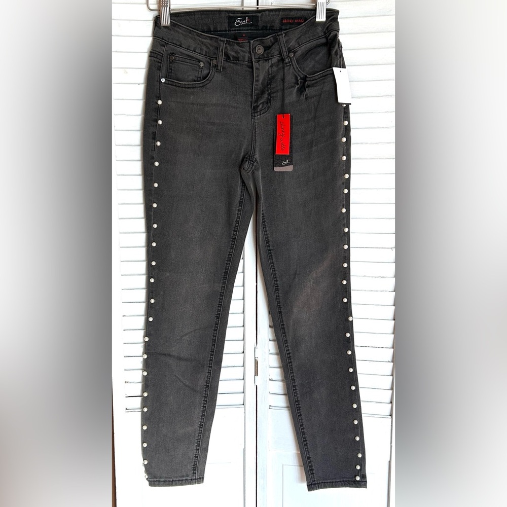 Earl Jean Size 4 Skinny ankle Jeans stretch charcoal black faux pearl studded